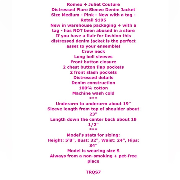 $195 Romeo Juliet Distressed Ripped Jacket Medium Pink Denim Bell Sleeves Cotton - Picture 2 of 14